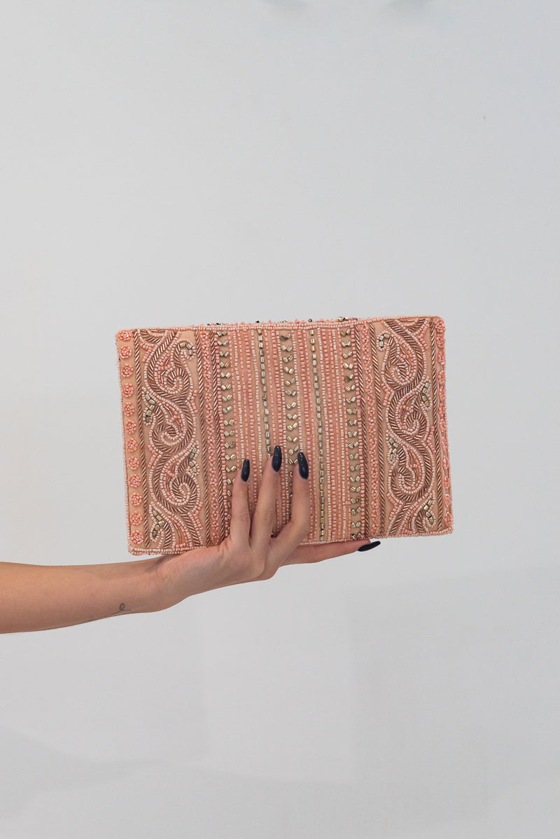 Beaded Front Flap Clutch Peach
