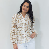 Shope Lacey Bridget Shirt in Camel and White at Mojo on Main