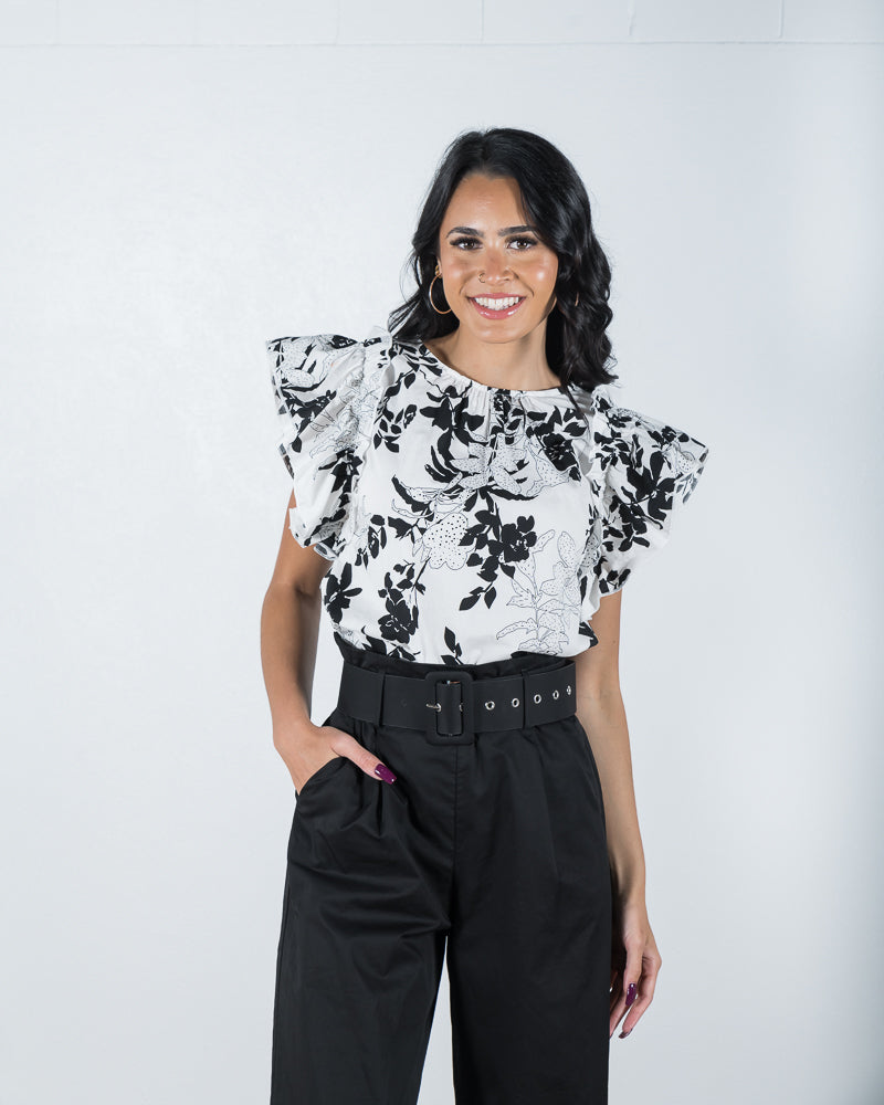 Faith Ruffle Sleeve Top Black/White - ONLINE ONLY