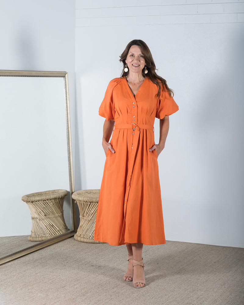Nadine Linen Midi Dress Orange - ONLINE ONLY