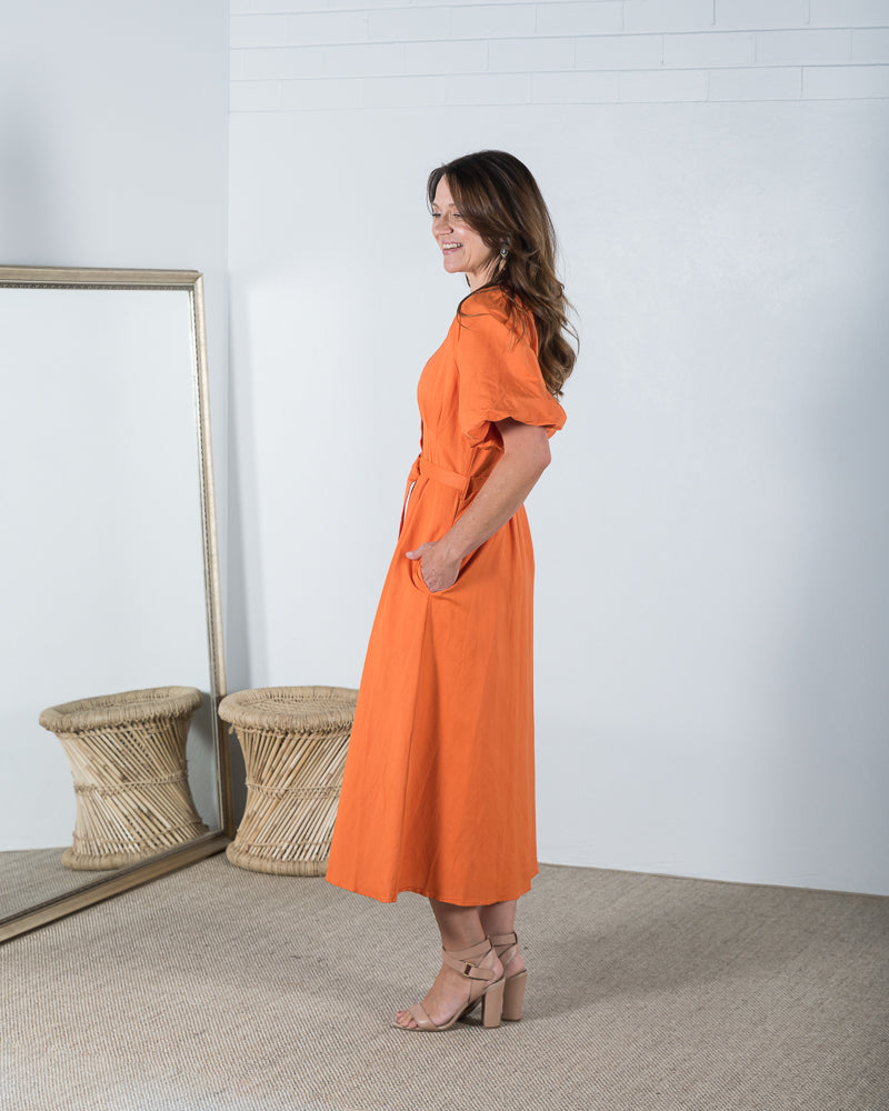 Nadine Linen Midi Dress Orange - ONLINE ONLY