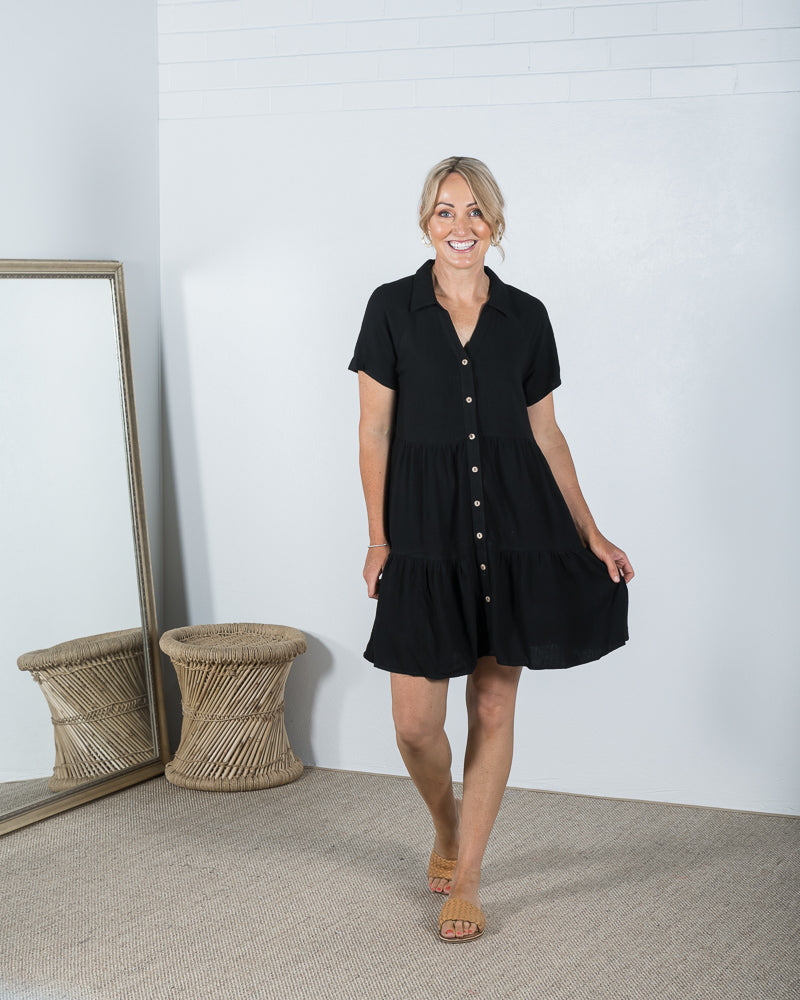 Paula Tiered Shirt Dress Black - ONLINE ONLY