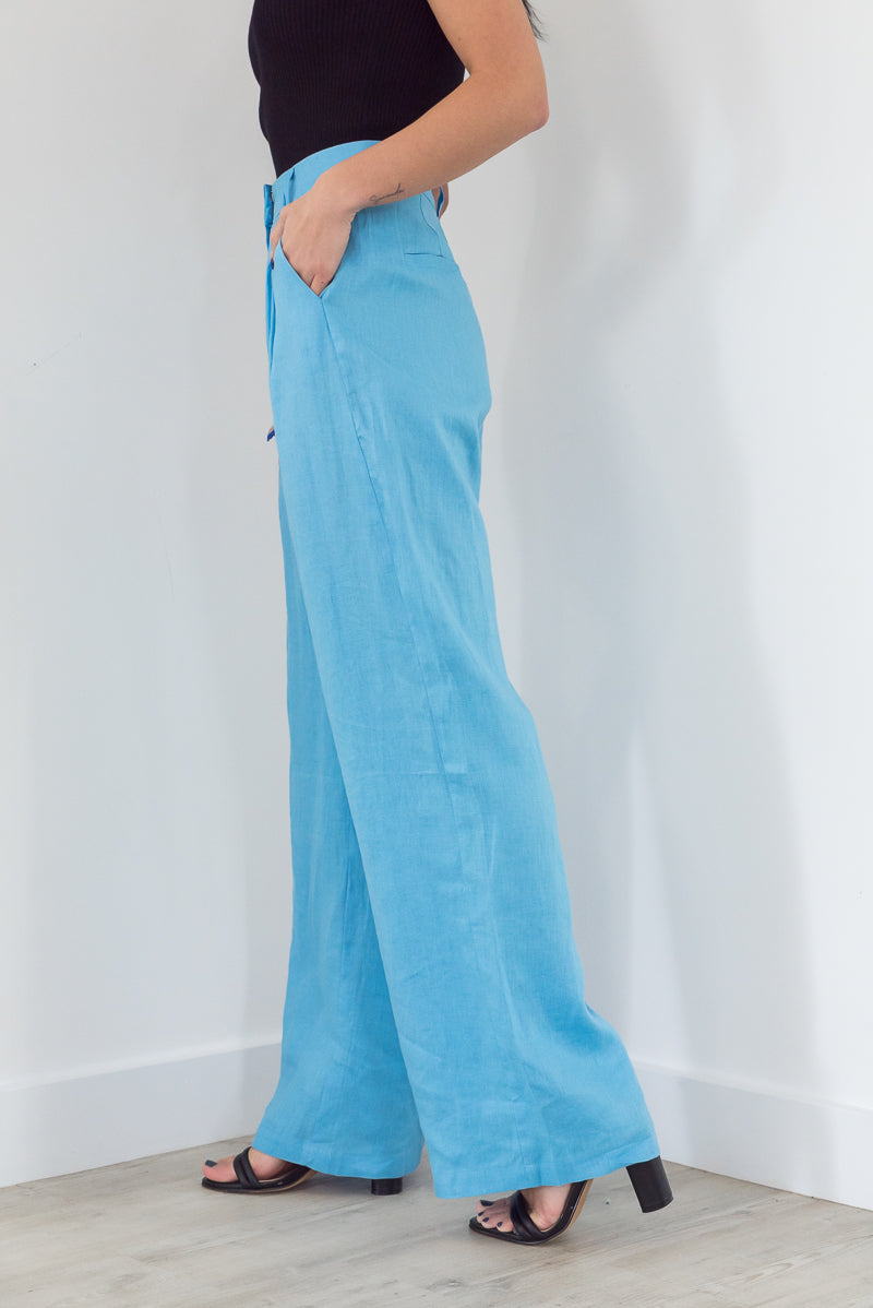 Shop our Pleat Front Linen Pant in Blue at Mojo on Main