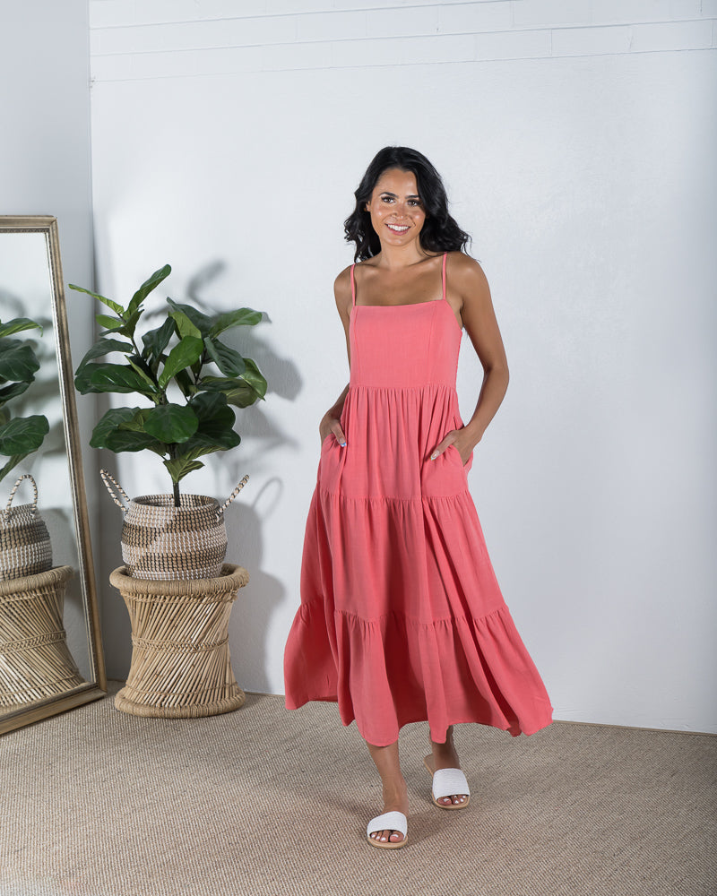 Shoestring Tiered Midi Dress Coral - ONLINE ONLY