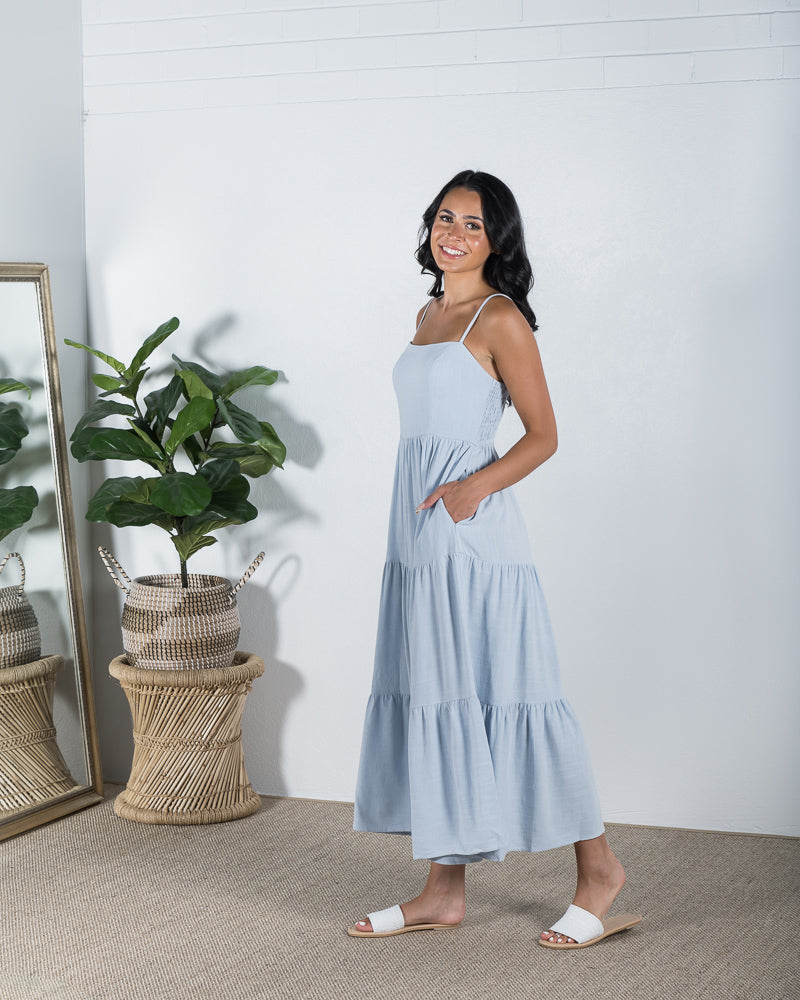 Shoestring Tiered Midi Dress Pale Blue - ONLINE ONLY