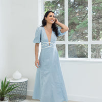 Shop Linen Blend Verity Midi Dress in Blue at Mojo 
